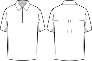 CAD drawing flat vector illustration of half sleeve polo shirt with zipper collar, front and back fashion technical sketch design