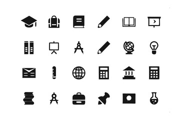 Education Icon Set: A visually appealing collection of education icons, artfully designed to represent essential elements of learning. These versatile symbols are perfect for educational materials.