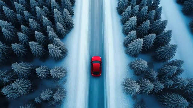 Red car driving snowy road through winter forest with frosted pine trees, aerial view of cold season landscape showing serene vehicle moving through nature and clear path surrounded by snow covered