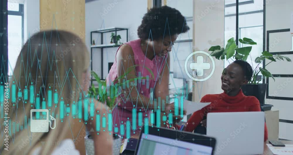 Poster colleagues reviewing business report at desk, activating animated icons showing key metrics
