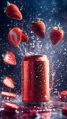 facing camera, sliced fresh strawberries in the air scattered, front on camera shot, can hovering in an abstract vibrant space surrounding the can, wet, them of strawberry colours, thirsty, liquid,