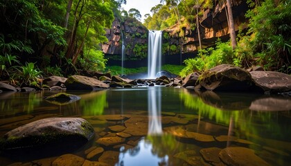 Naklejka premium Scenic Waterfall Cascading into Reflective Pool in Lush with Green Forest.