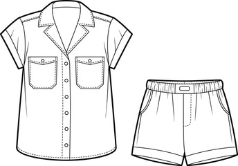 CAD drawing flat vector illustration of women’s summer shirt and shorts set, fashion sketch, front view, stylish casual wear