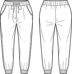 CAD drawing flat vector illustration of jogger pants with pockets and drawstring, fashion technical sketch for casual sportswear design