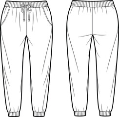 CAD drawing flat vector illustration of jogger pants front and back view, fashion technical sketch for casual activewear design