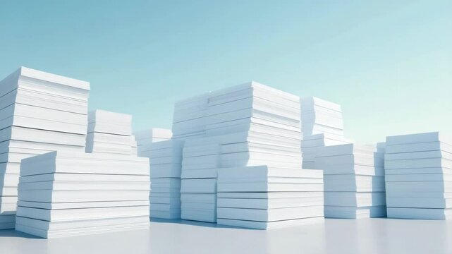 Stacks of white paper pile and clean blank sheets create organized office document scene with bright natural light reflecting productivity and calm atmosphere under clear blue sky
