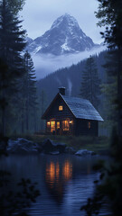 
A small, cozy cabin nestled in the mountains, with a misty rain falling gently at night. Photorealistic and highly detailed.