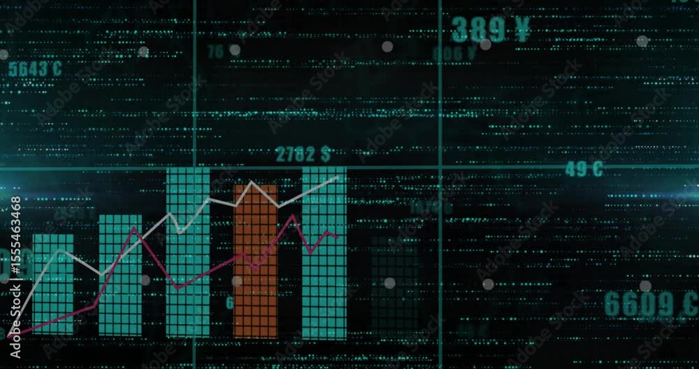 Poster grid appearing starts stacking teal orange bars while red and white lines plotting financial trends