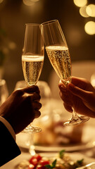 I need a picture that shows male and female hands, 2 people having a delicious dinner with champagne in their hands. In a black and gold style, emphasis on the hands