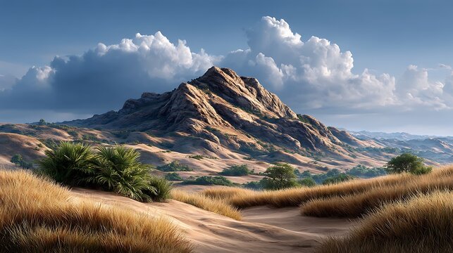A desert landscape with rolling dunes and sharp shadows during golden hour. 