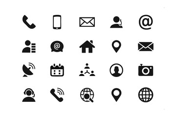 Essential Contact Icons: A collection of vector-based contact icons designed in a sleek, minimalist style, perfect for websites, apps, or print materials. The icons include telephone, mobile phone.
