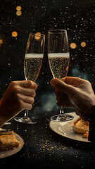 I need a picture that shows male and female hands, 2 people having a delicious dinner with champagne in their hands. In a black and gold style, emphasis on the hands