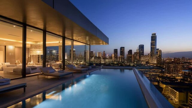 Luxury rooftop infinity pool with panoramic city skyline view during golden sunset