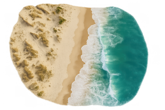 Pristine sandy shoreline merging with turquoise waters, aerial perspective revealing coastal landscape's dramatic contours against transparent backdrop, highlighting natural beauty