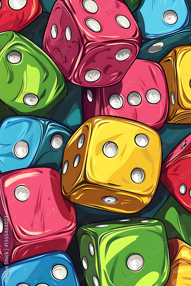 Poster colorful assortment of dice scattered on a surface, creating a vibrant and playful scene