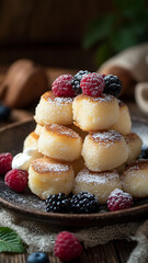 A stack of fluffy Ukrainian syrniki (cheese pancakes) dusted with powdered sugar, served with sour cream and fresh berries on a rustic plate. pancake