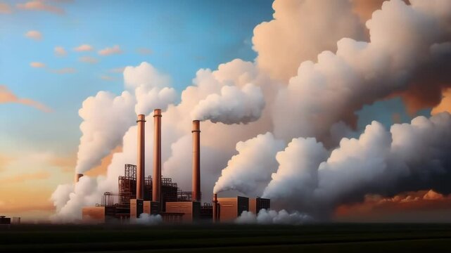 Industrial factory chimney smoke pollution emission during sunset sky environment impact power plant with thick white smoke and dramatic clouds illustrating air pollution and environmental effects