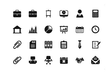 Professional Icons: A versatile set of crisp, flat icons representing essential business and office elements, perfect for digital projects and professional presentations. 