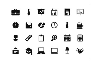 Business Icon Collection: A comprehensive collection of black-and-white business icons representing essential elements of the professional world. From briefcases to calendars, laptops to light bulbs.