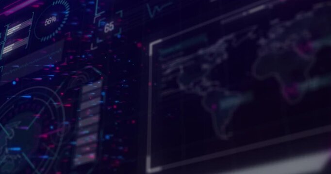 Gauge hitting limit causing particles drifting flickering chart pulsing map showing global trends