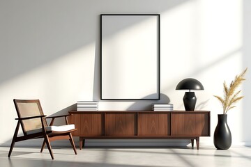Minimalist interior design with blank frame mockup and wooden furniture for home decor ideas trend 