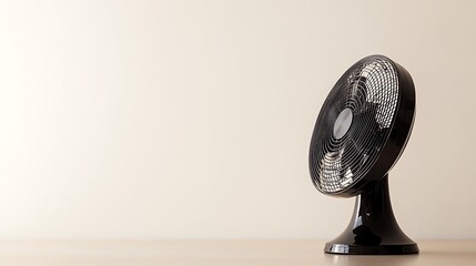 Minimalist Still Life Of A Black Table Fan Against A Cream Wall Background