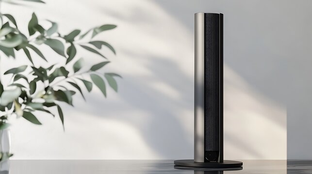 Modern Tower Speaker With Plant And Shadows For Minimalist Home Decor