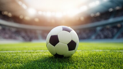 Classic black-and-white soccer ball on a lush green field with a large stadium and blurred spectators under warm golden stadium lights.