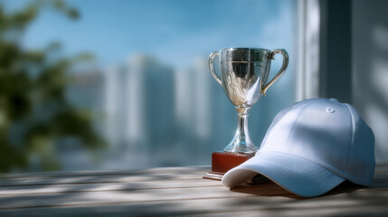 Shining metallic trophy cup with wooden base and white baseball cap on wooden table with blurred city background