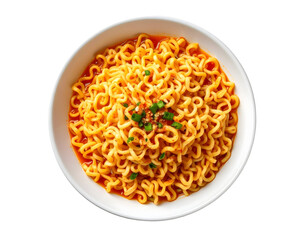 Bowl of spicy ramen noodles overhead
