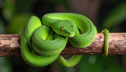 A vibrant green snake coils elegantly on a branch, showcasing its striking color and intricate scales against a blurred natural background