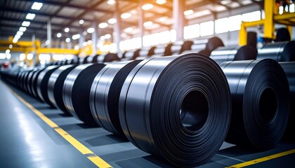 Steel coils in a manufacturing warehouse Industrial metal production and storage.