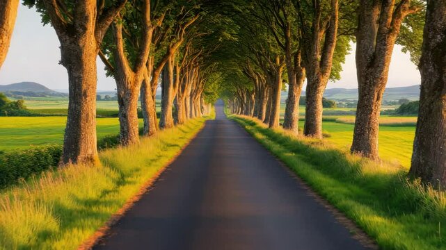 Tree lined road countryside landscape with green grass and sunlight creating peaceful nature scene along rural path in summer showcasing scenic outdoor beauty and long pathway view