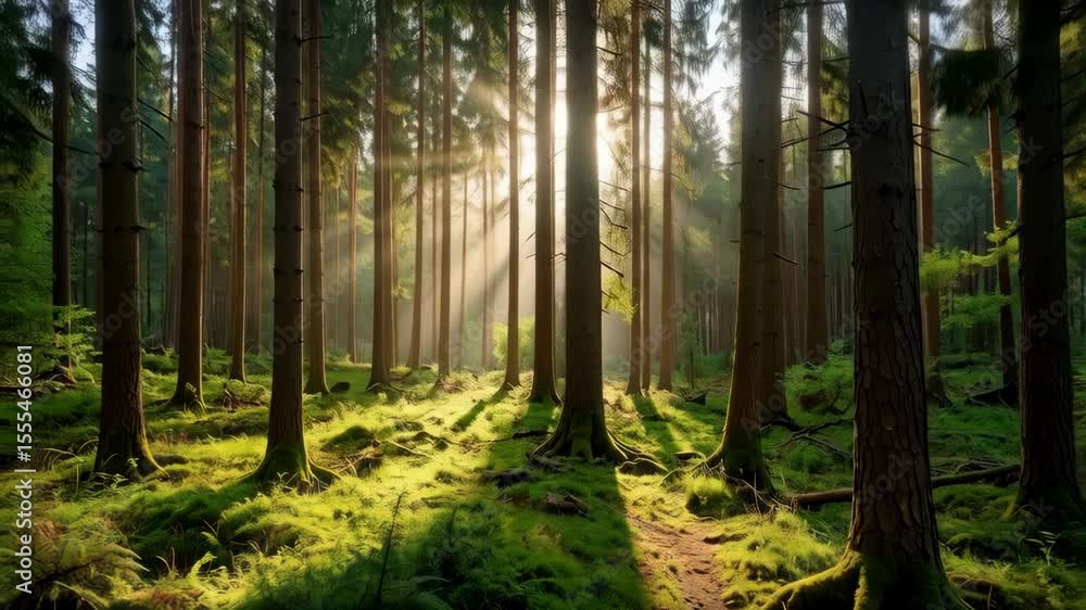 Poster sunlight streams through a dense forest with mossy forest floor and path among tall evergreen trees 
