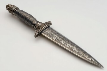 Ornate antique silver dagger with intricate floral engravings on the blade and a detailed lion head pommel
