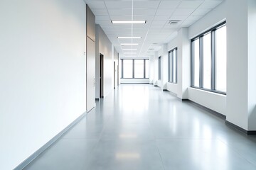 Fototapeta premium Bright white hallway interior design with windows and doors office building hospital modern architecture 