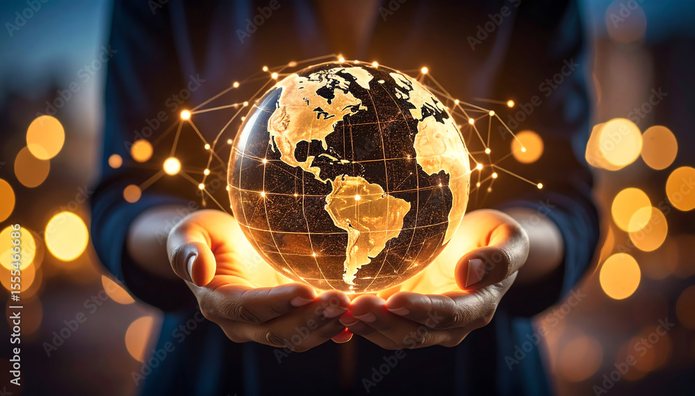 Poster a person holds a glowing globe, symbolizing global connection and technology, with a blurred backgro