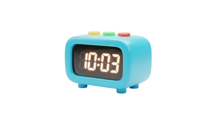 Bright Blue Digital Alarm Clock with Colorful Buttons on White Background