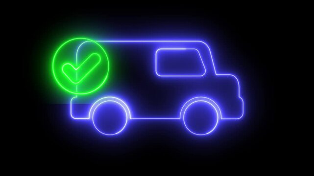 Neon light effect animation of a van icon with a check mark