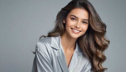 Fototapeta premium Smiling woman with flowing brunette hair looks gently at camera in studio shot wearing satin top.