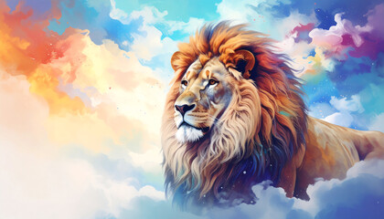 Majestic lion with a vibrant, colorful backdrop of clouds, showcasing a dreamy and artistic representation of nature's beauty