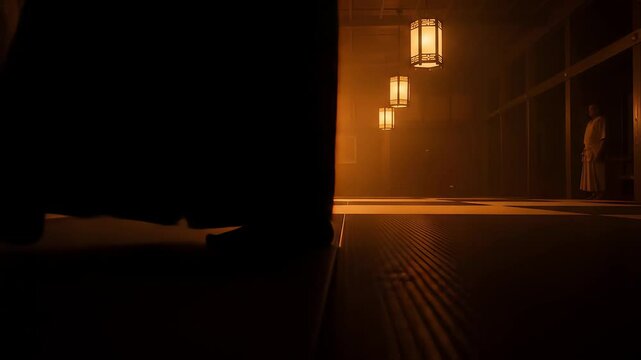Low Angle View Of Feet Walking In A Dark Dojo With Warm Lighting
