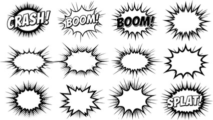 A collection of twelve diverse comic book-style speech bubbles, featuring various shapes and impact words.