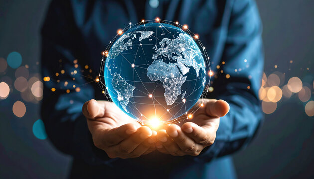 A person holds a glowing, interconnected globe, symbolizing global connectivity and technology against a dark background with soft lights