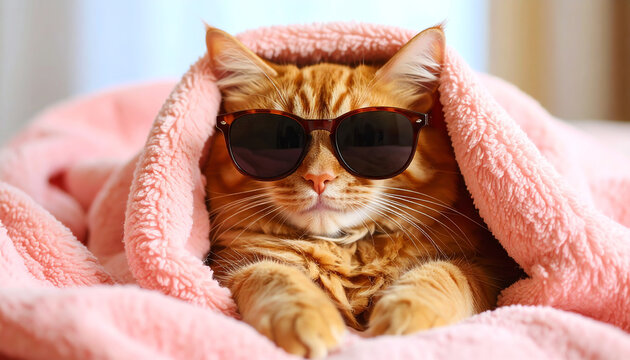 A stylish cat wrapped in a pink blanket, wearing sunglasses, exudes a relaxed and trendy vibe in a cozy indoor setting
