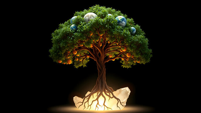 Tree of worlds with glowing roots and fruit planets