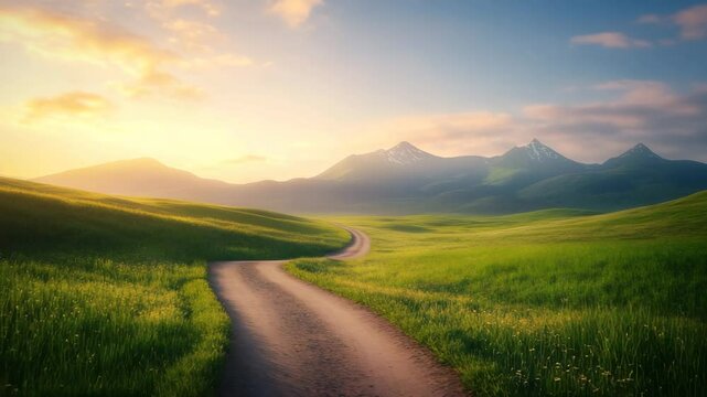 Winding dirt road through green grass field with distant mountains under colorful sky at sunrise showcasing scenic rural landscape and peaceful nature beauty in serene field environment