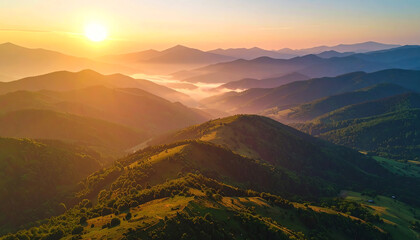 Breathtaking sunrise over rolling hills, casting golden hues on the lush landscape, with mist gently enveloping the valleys