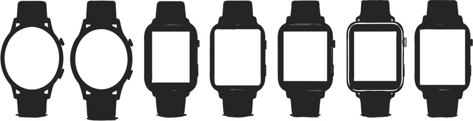 A collection of smartwatches with various shapes and blank screens.