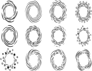 Twelve circular graphic elements with swirling lines and starburst designs, isolated on a white background.